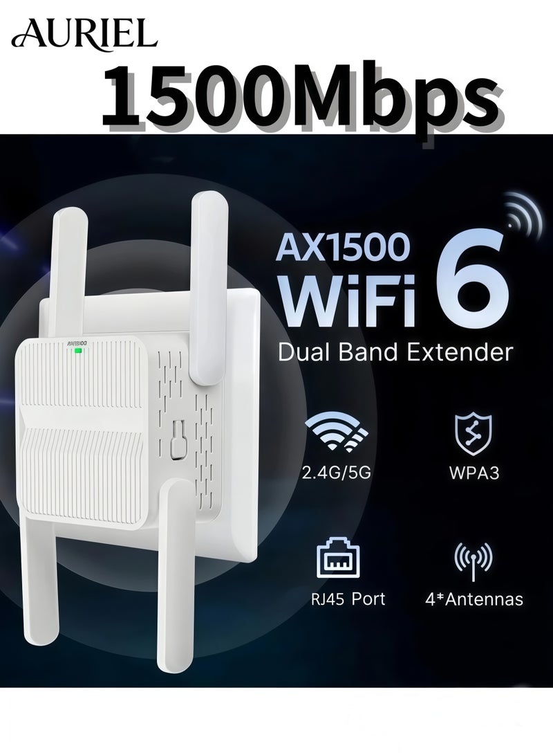 AURIEL 1500Mbps WiFi 6 Wireless WiFi Repeater, Dual Band 2.4GHz/5GHz 802.11Ax Wireless WiFi Extender, 4 Antenna Wireless Signal Booster, Network Amplifier, 360° Full Coverage - Image 1